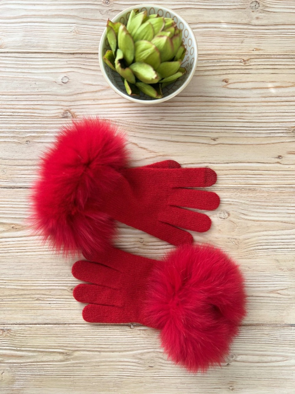 100% Cashmere Red Gloves with Fur Cuffs One Size
